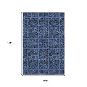 HomeRoots 9' X 12' Stylish Denim Blue & Charcoal Medallion Washable Area Rug with UV Protection & Durability 667734