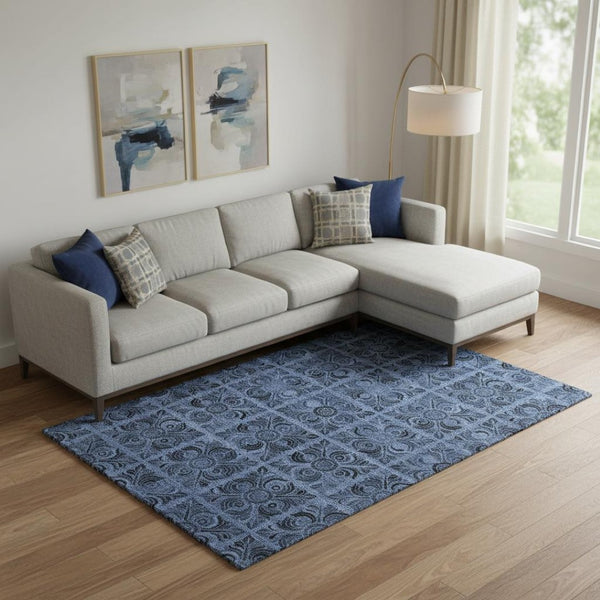 HomeRoots 9' X 12' Stylish Denim Blue & Charcoal Medallion Washable Area Rug with UV Protection & Durability 667734