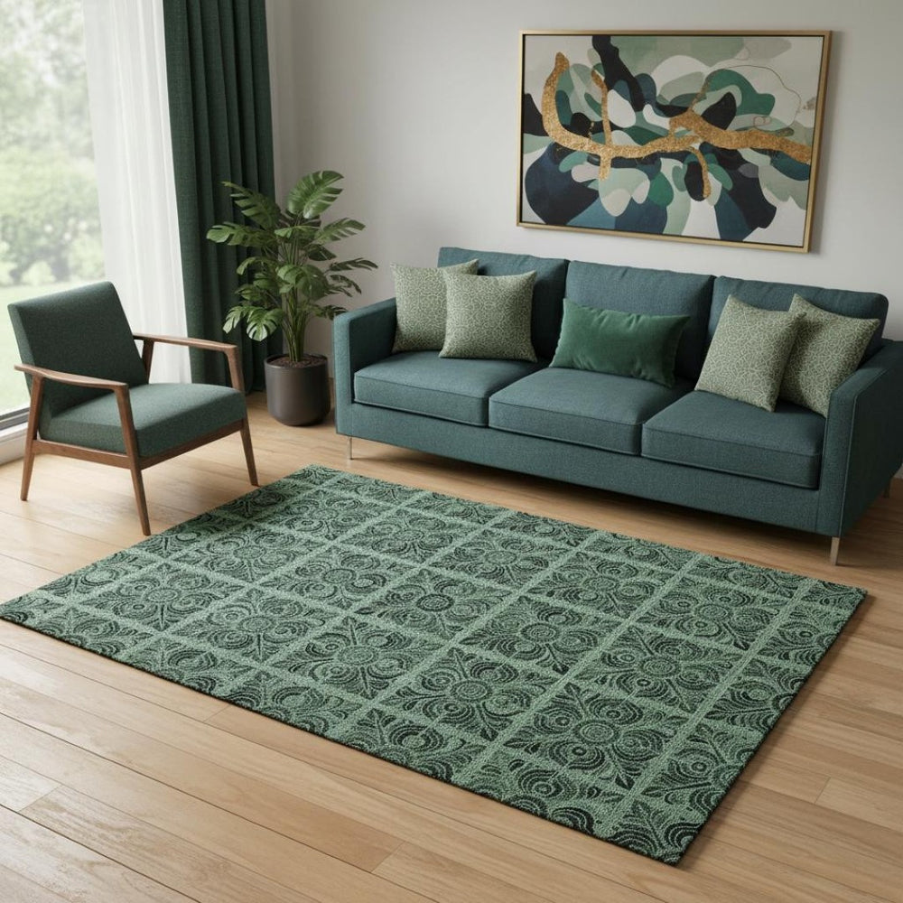 HomeRoots 5' X 8' Green and Charcoal Medallion Area Rug - UV Protected, Stain-Resistant, Easy Care Style 667737
