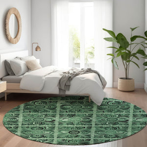 HomeRoots 8' Green & Charcoal Medallion Washable Round Rug - Stain Resistant, UV Protected, Stylish Comfort 667738