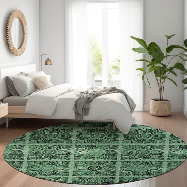 HomeRoots 8' Green & Charcoal Medallion Washable Round Rug - Stain Resistant, UV Protected, Stylish Comfort 667738