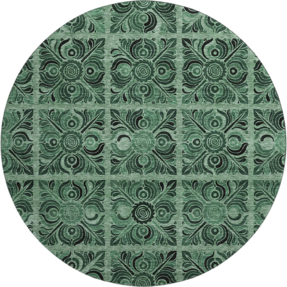 HomeRoots 8' Green & Charcoal Medallion Washable Round Rug - Stain Resistant, UV Protected, Stylish Comfort 667738