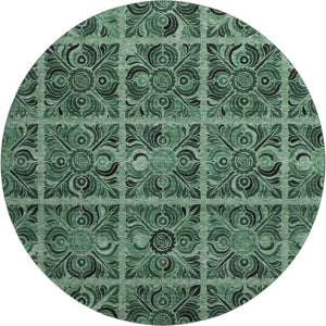 HomeRoots 8' Green & Charcoal Medallion Washable Round Rug - Stain Resistant, UV Protected, Stylish Comfort 667738
