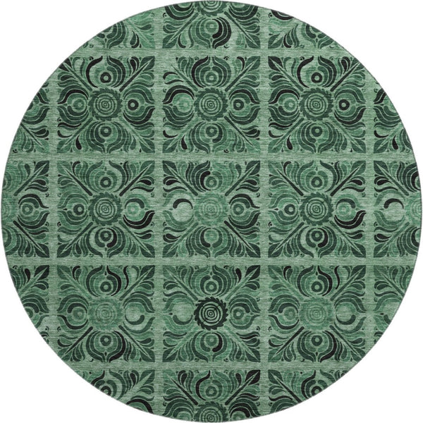HomeRoots 8' Green & Charcoal Medallion Washable Round Rug - Stain Resistant, UV Protected, Stylish Comfort 667738