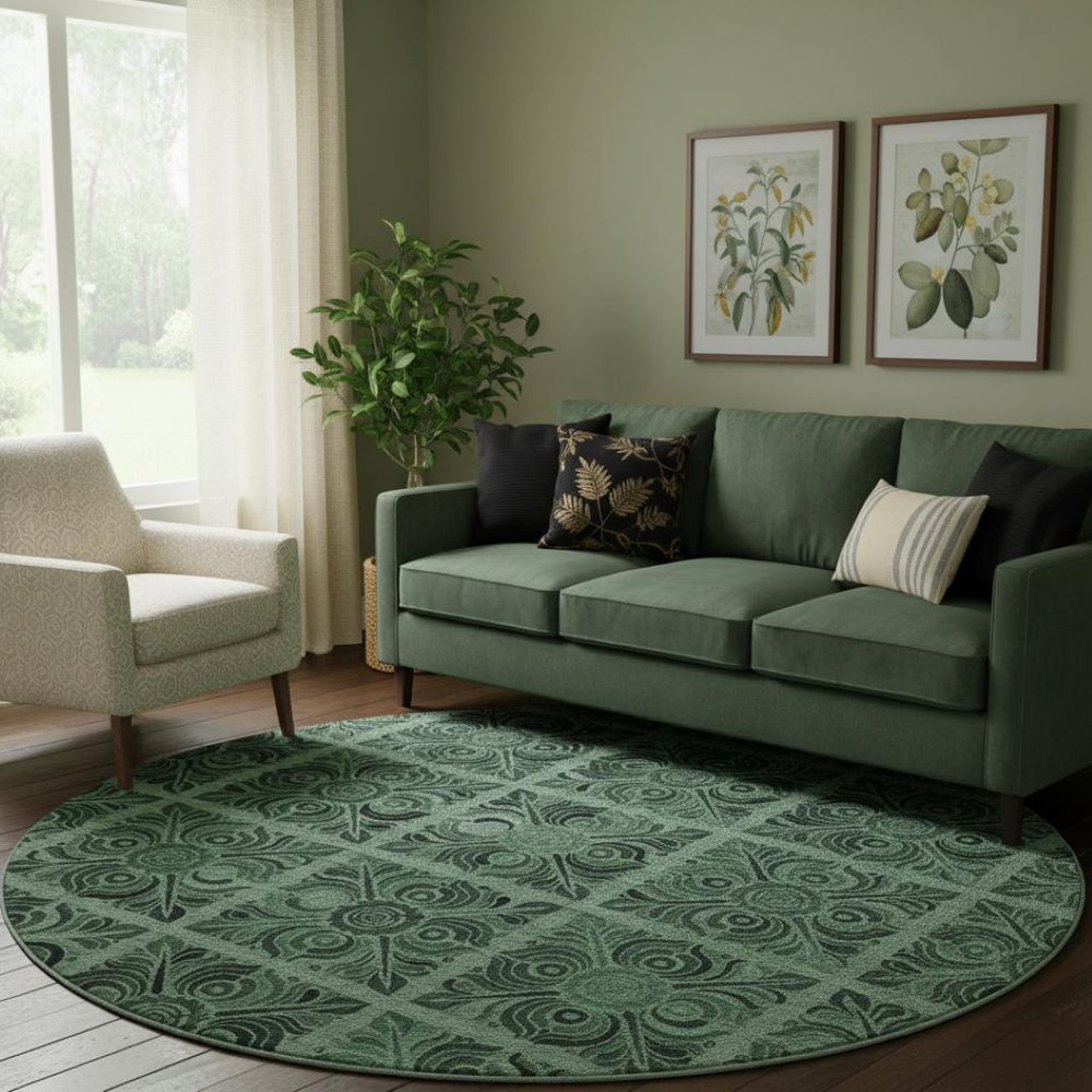 HomeRoots 8' Green & Charcoal Medallion Washable Round Rug - Stain Resistant, UV Protected, Stylish Comfort 667738