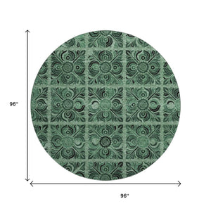 HomeRoots 8' Green & Charcoal Medallion Washable Round Rug - Stain Resistant, UV Protected, Stylish Comfort 667738