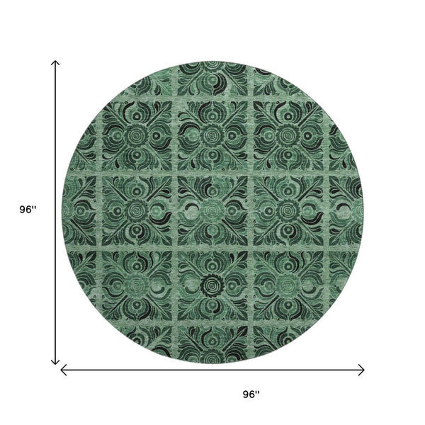 HomeRoots 8' Green & Charcoal Medallion Washable Round Rug - Stain Resistant, UV Protected, Stylish Comfort 667738