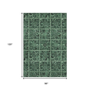 HomeRoots 8' X 10' Stylish Green & Charcoal Medallion Washable Area Rug with UV Protection for Active Homes 667739