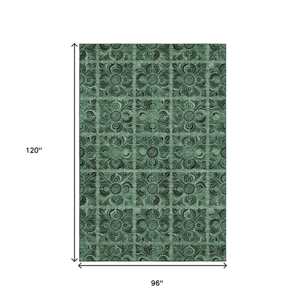 HomeRoots 8' X 10' Stylish Green & Charcoal Medallion Washable Area Rug with UV Protection for Active Homes 667739