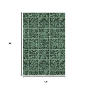 HomeRoots 9' X 12' Elegant Green & Charcoal Medallion Washable Area Rug with UV Protection for Any Space 667740
