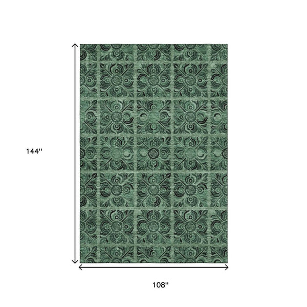 HomeRoots 9' X 12' Elegant Green & Charcoal Medallion Washable Area Rug with UV Protection for Any Space 667740