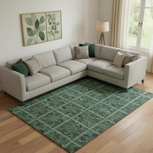 HomeRoots 9' X 12' Elegant Green & Charcoal Medallion Washable Area Rug with UV Protection for Any Space 667740