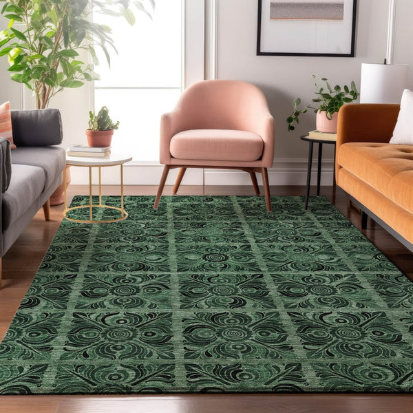HomeRoots 9' X 12' Elegant Green & Charcoal Medallion Washable Area Rug with UV Protection for Any Space 667740
