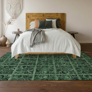 HomeRoots 9' X 12' Elegant Green & Charcoal Medallion Washable Area Rug with UV Protection for Any Space 667740