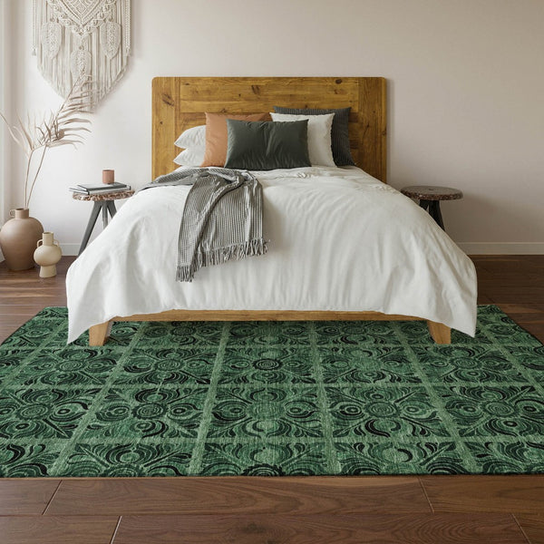 HomeRoots 9' X 12' Elegant Green & Charcoal Medallion Washable Area Rug with UV Protection for Any Space 667740