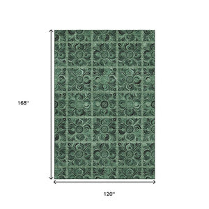 HomeRoots 10' X 14' Green Medallion Area Rug - Washable, UV-Protected, Stain-Resistant for High-Traffic Areas 667741