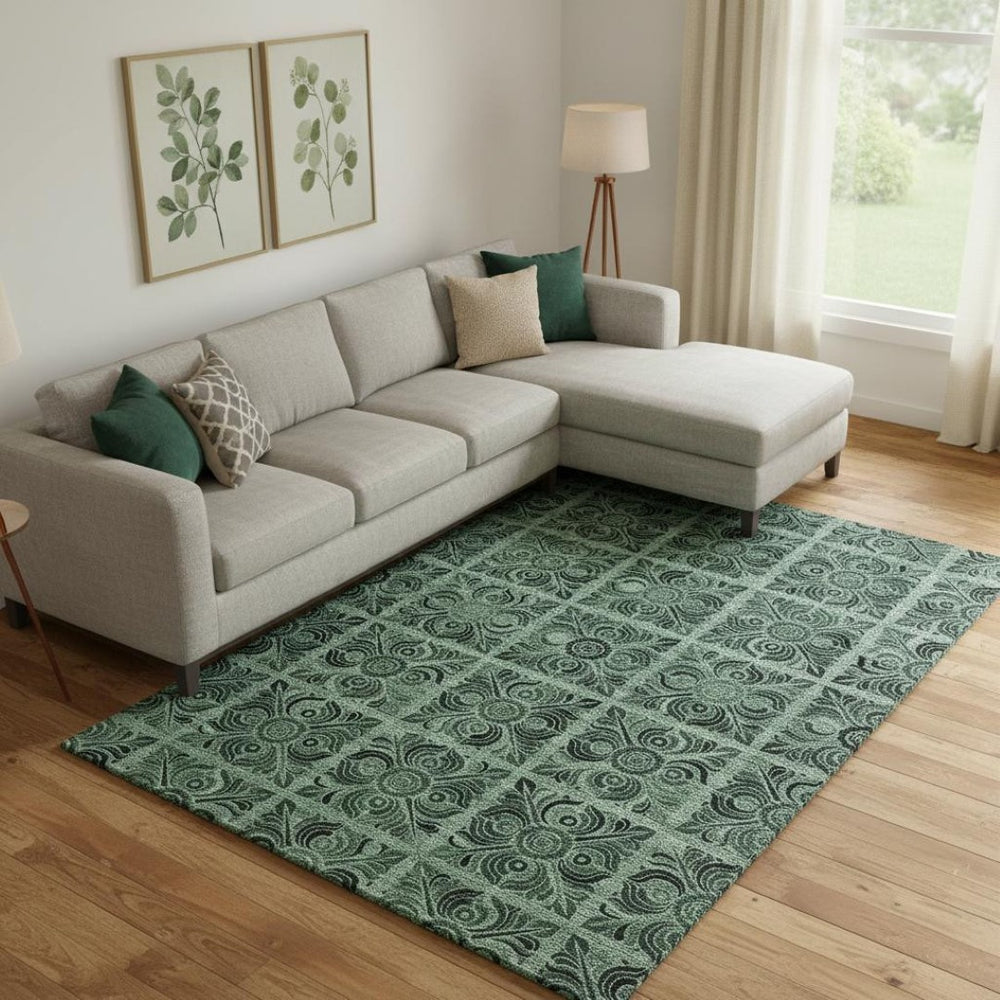 HomeRoots 10' X 14' Green Medallion Area Rug - Washable, UV-Protected, Stain-Resistant for High-Traffic Areas 667741