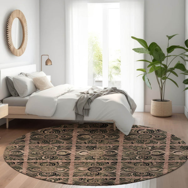 HomeRoots 8' Washable Round Rug in Rust & Charcoal Medallion Design – UV Protected, Stain Resistant & Stylish 667744