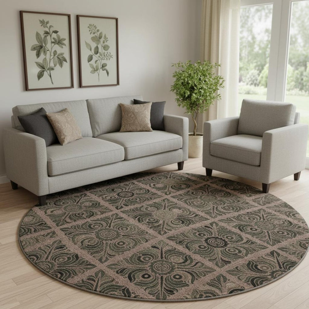 HomeRoots 8' Washable Round Rug in Rust & Charcoal Medallion Design – UV Protected, Stain Resistant & Stylish 667744