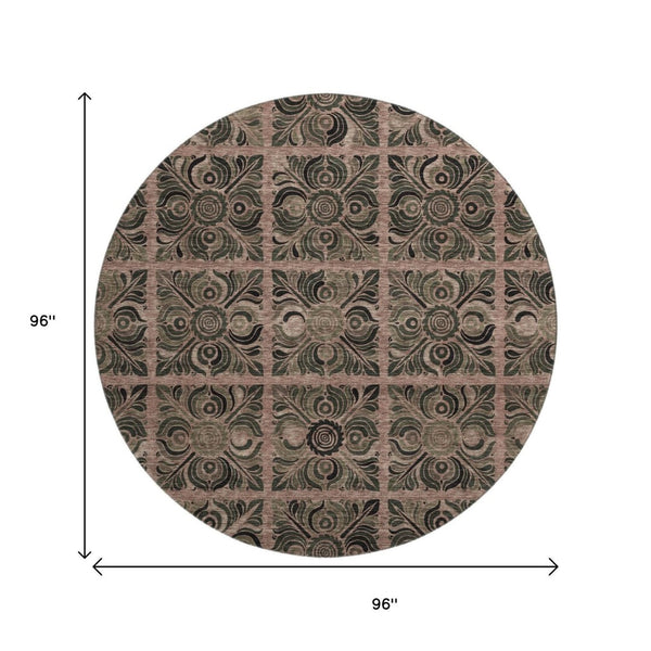 HomeRoots 8' Washable Round Rug in Rust & Charcoal Medallion Design – UV Protected, Stain Resistant & Stylish 667744