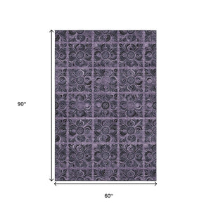 HomeRoots 5' X 8' Purple & Charcoal Medallion Area Rug - Washable, UV Protected, Durable for Everyday Living 667749