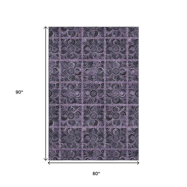 HomeRoots 5' X 8' Purple & Charcoal Medallion Area Rug - Washable, UV Protected, Durable for Everyday Living 667749
