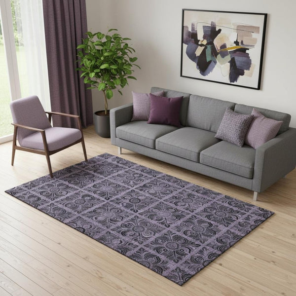 HomeRoots 5' X 8' Purple & Charcoal Medallion Area Rug - Washable, UV Protected, Durable for Everyday Living 667749