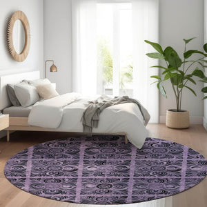 HomeRoots 8' Purple and Charcoal Medallion Round Rug - Washable, UV Protected, Stain-Resistant for High Traffic Areas 667750