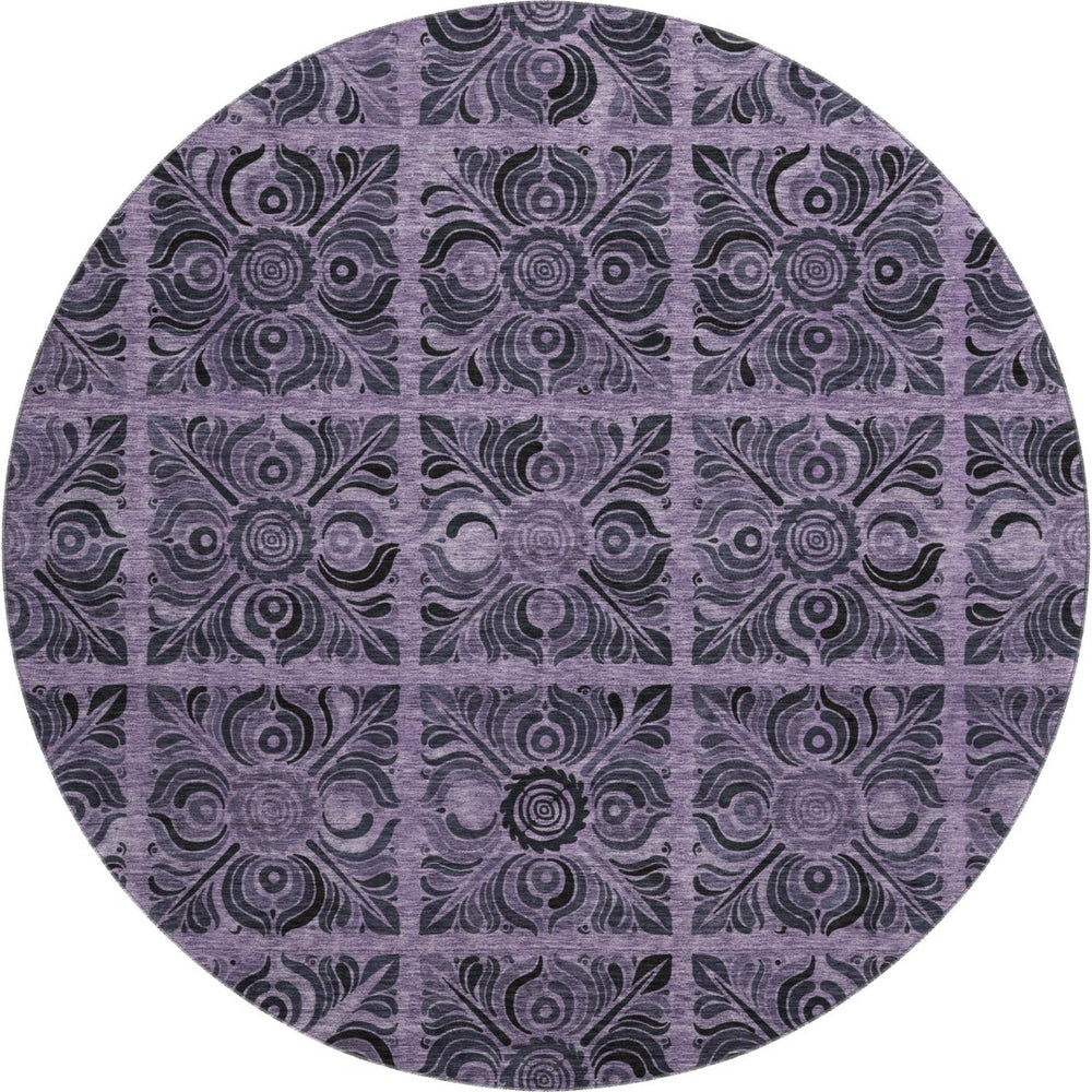 HomeRoots 8' Purple and Charcoal Medallion Round Rug - Washable, UV Protected, Stain-Resistant for High Traffic Areas 667750