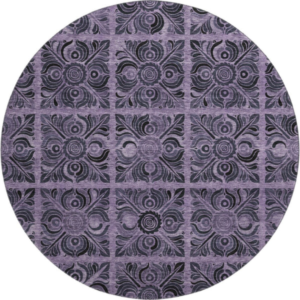 HomeRoots 8' Purple and Charcoal Medallion Round Rug - Washable, UV Protected, Stain-Resistant for High Traffic Areas 667750