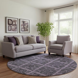 HomeRoots 8' Purple and Charcoal Medallion Round Rug - Washable, UV Protected, Stain-Resistant for High Traffic Areas 667750