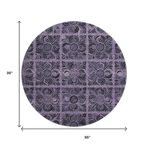 HomeRoots 8' Purple and Charcoal Medallion Round Rug - Washable, UV Protected, Stain-Resistant for High Traffic Areas 667750