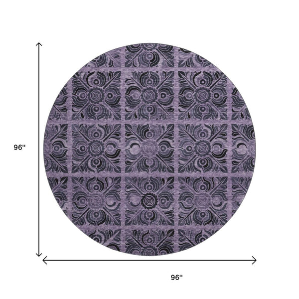 HomeRoots 8' Purple and Charcoal Medallion Round Rug - Washable, UV Protected, Stain-Resistant for High Traffic Areas 667750