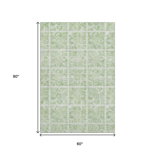 HomeRoots 5' X 8' Artichoke Green Medallion Area Rug - Washable, UV Protected, Stain Resistant for High-Traffic Spaces 667755