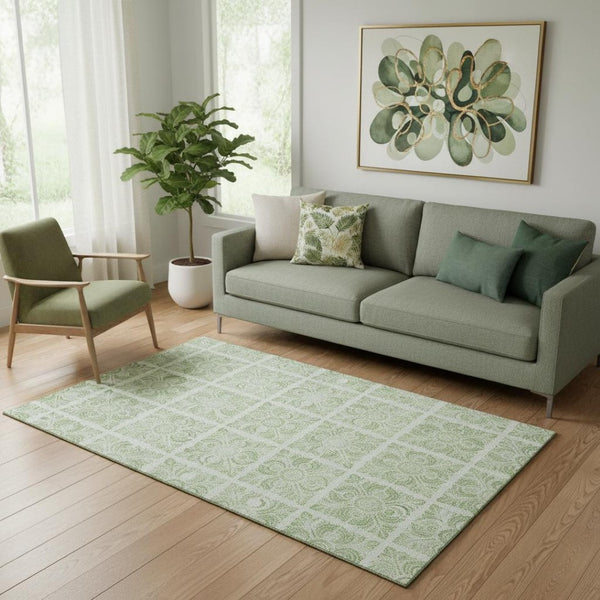 HomeRoots 5' X 8' Artichoke Green Medallion Area Rug - Washable, UV Protected, Stain Resistant for High-Traffic Spaces 667755