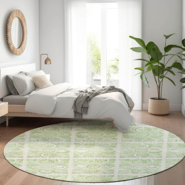 HomeRoots 8' Artichoke Green and Ivory Medallion Washable Round Rug with UV Protection for Daily Living 667756