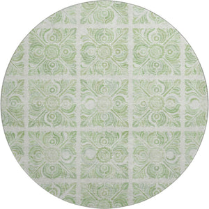 HomeRoots 8' Artichoke Green and Ivory Medallion Washable Round Rug with UV Protection for Daily Living 667756