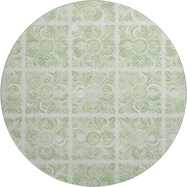 HomeRoots 8' Artichoke Green and Ivory Medallion Washable Round Rug with UV Protection for Daily Living 667756
