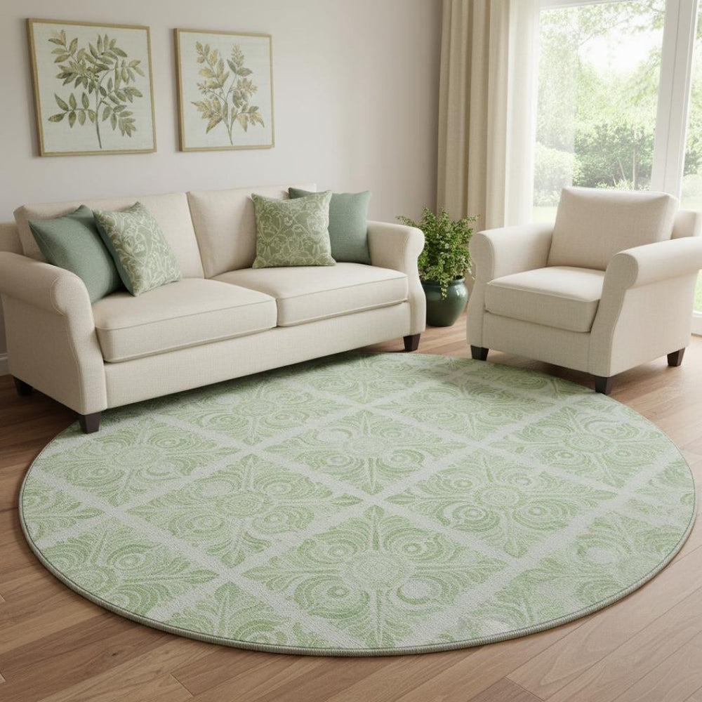 HomeRoots 8' Artichoke Green and Ivory Medallion Washable Round Rug with UV Protection for Daily Living 667756