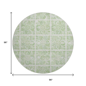 HomeRoots 8' Artichoke Green and Ivory Medallion Washable Round Rug with UV Protection for Daily Living 667756