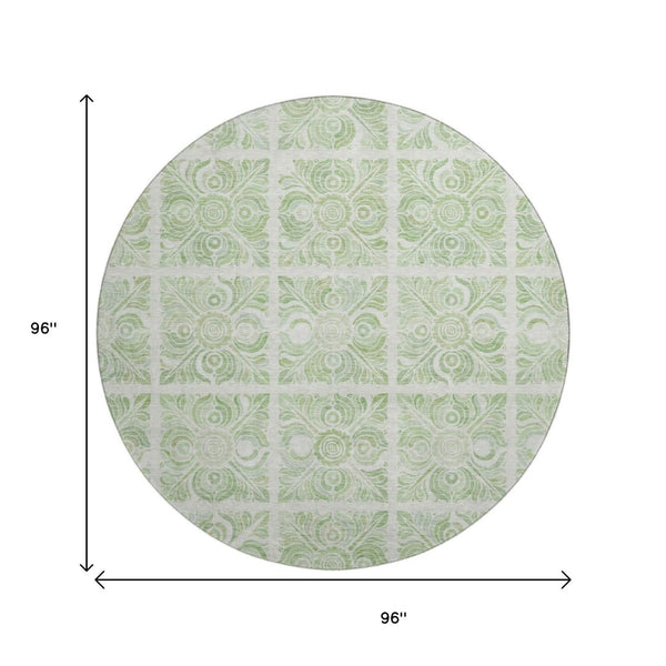 HomeRoots 8' Artichoke Green and Ivory Medallion Washable Round Rug with UV Protection for Daily Living 667756