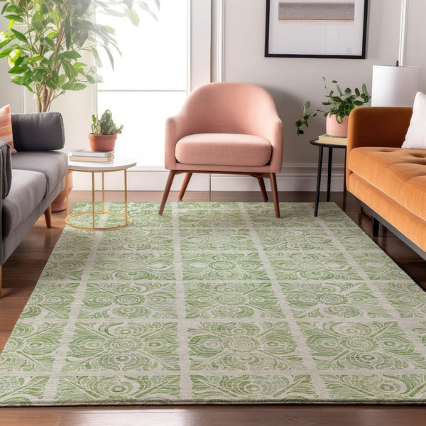 HomeRoots 9' X 12' Artichoke Green & Ivory Medallion Area Rug - Washable, Stain-Resistant, UV Protected Design 667758