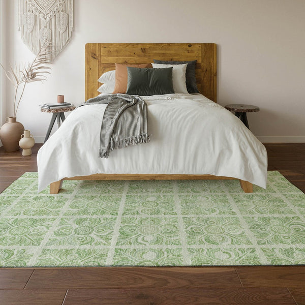 HomeRoots 9' X 12' Artichoke Green & Ivory Medallion Area Rug - Washable, Stain-Resistant, UV Protected Design 667758