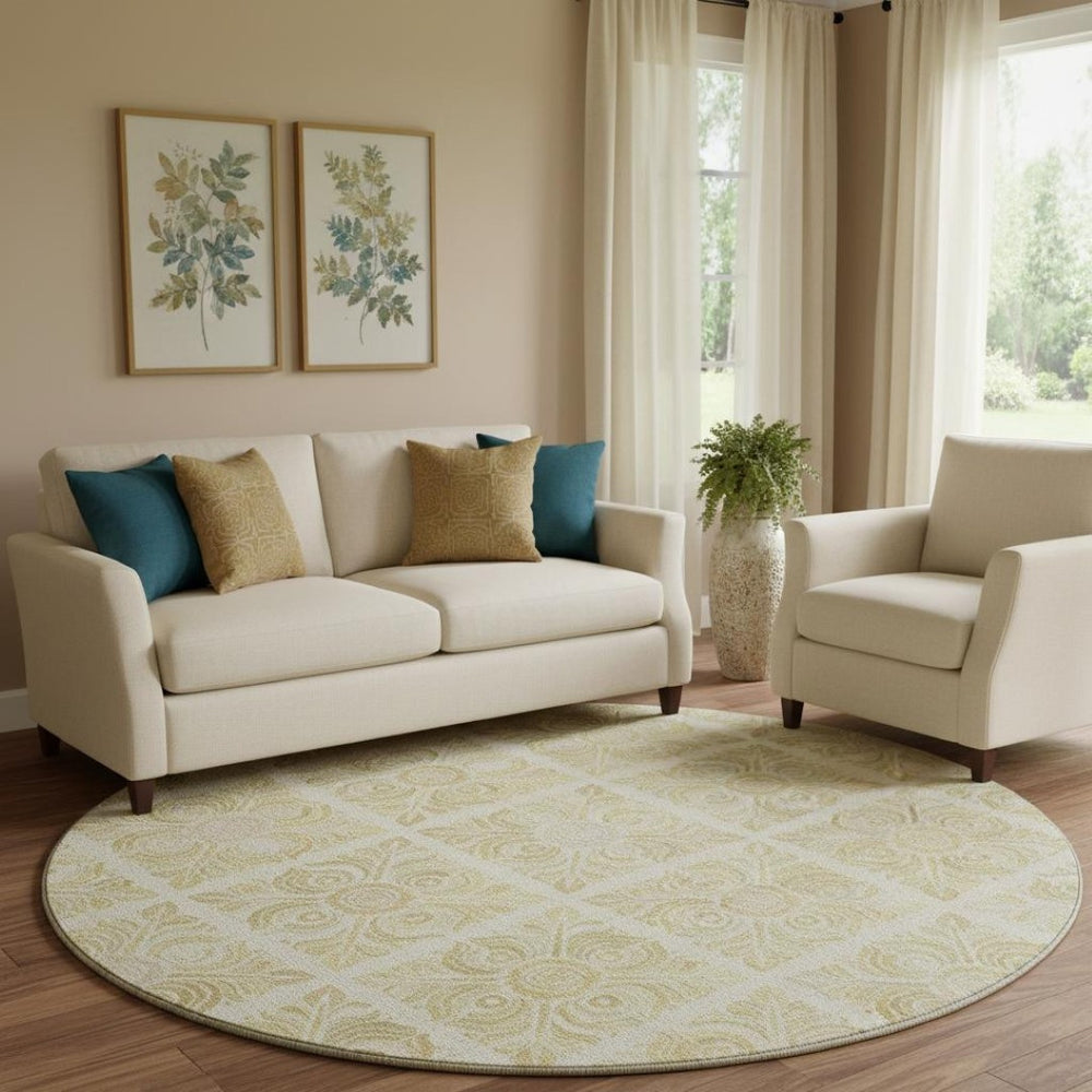 HomeRoots 8' Beige And Tan Medallion Round Rug - Washable, UV Protected, Stain Resistant for Busy Homes 667762