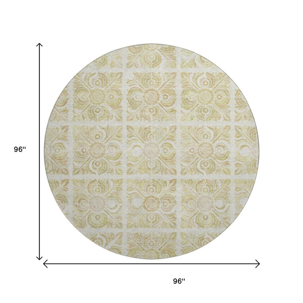 HomeRoots 8' Beige And Tan Medallion Round Rug - Washable, UV Protected, Stain Resistant for Busy Homes 667762