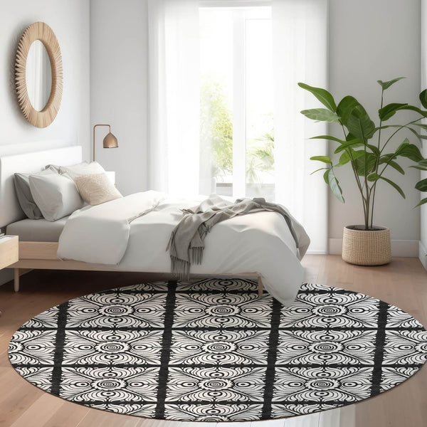 HomeRoots 8' Black and Ivory Medallion Round Rug – Washable, UV Protected, Durable Design for Busy Homes! 667768