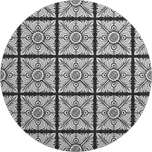 HomeRoots 8' Black and Ivory Medallion Round Rug – Washable, UV Protected, Durable Design for Busy Homes! 667768