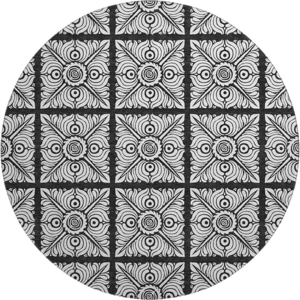 HomeRoots 8' Black and Ivory Medallion Round Rug – Washable, UV Protected, Durable Design for Busy Homes! 667768