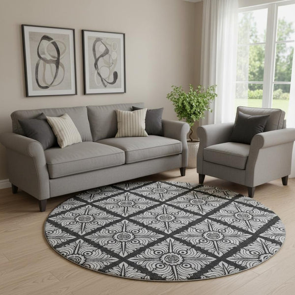 HomeRoots 8' Black and Ivory Medallion Round Rug – Washable, UV Protected, Durable Design for Busy Homes! 667768