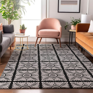 HomeRoots 8' X 10' Black And Ivory Medallion Area Rug - Washable, UV Protected, Durable for Busy Homes! 667769